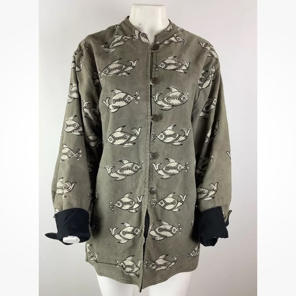 Sam Hilu Sz M Wearable Art Fish Print Jacket Brown 100% Cotton Button Front - Picture 1 of 7